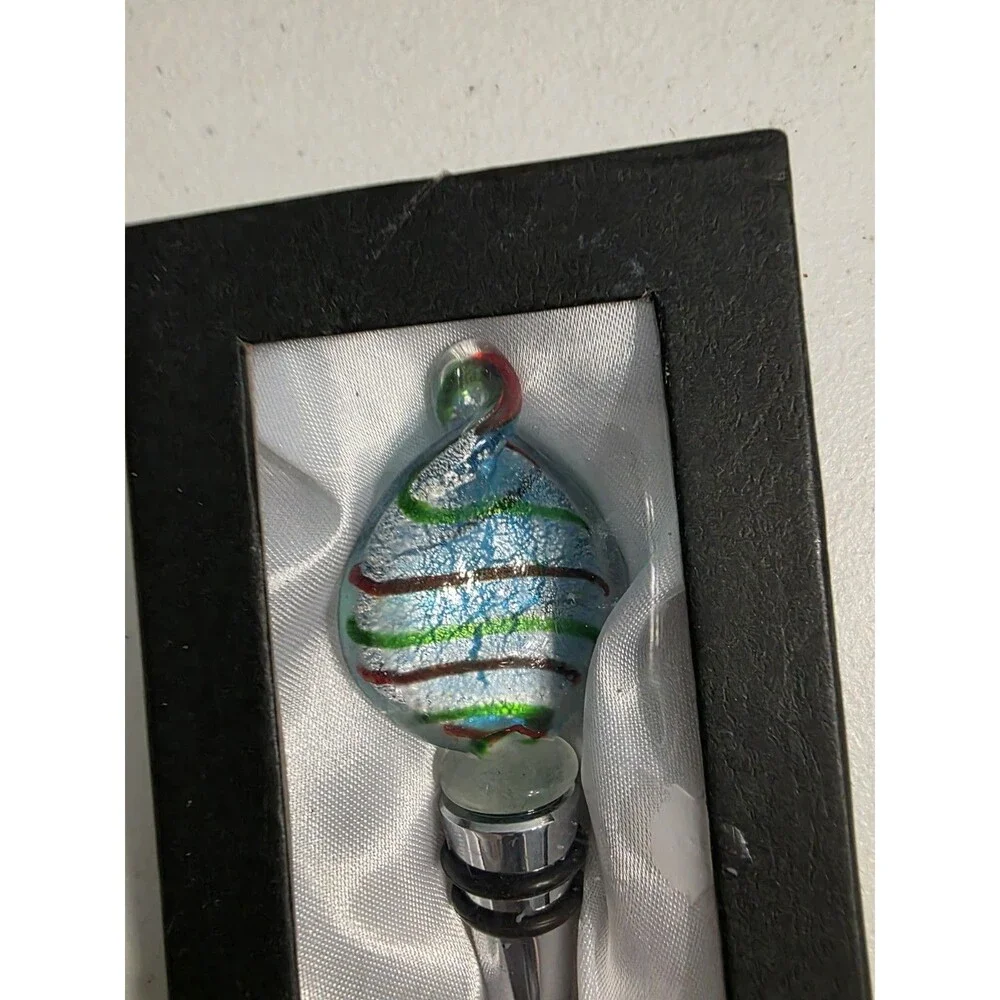 Art Glass Wine Bottle Stopper Blue Silver Stripped Swirl Red Tip 4.5
